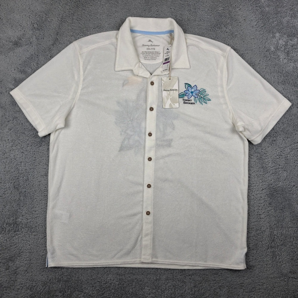 Tommy Bahama Terry Camp Shirt Mens XXL White Tropical Toucan Embroidered NWT - Picture 1 of 11